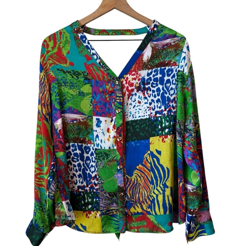 Alberto Makali Colorful Animal Print Patch Blouse Sz M Ruffle Back - Picture 10 of 10